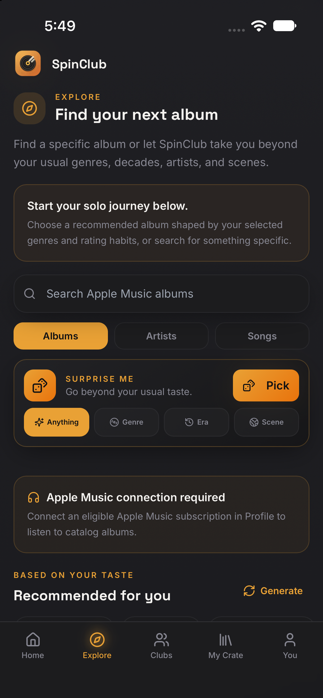 SpinClub Surprise Me discovery screen with recommendations outside the listener’s usual taste
