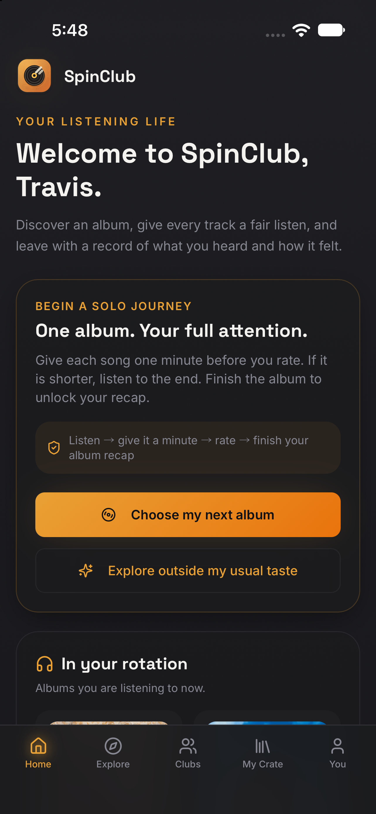 The SpinClub home screen with a solo album journey and albums in rotation