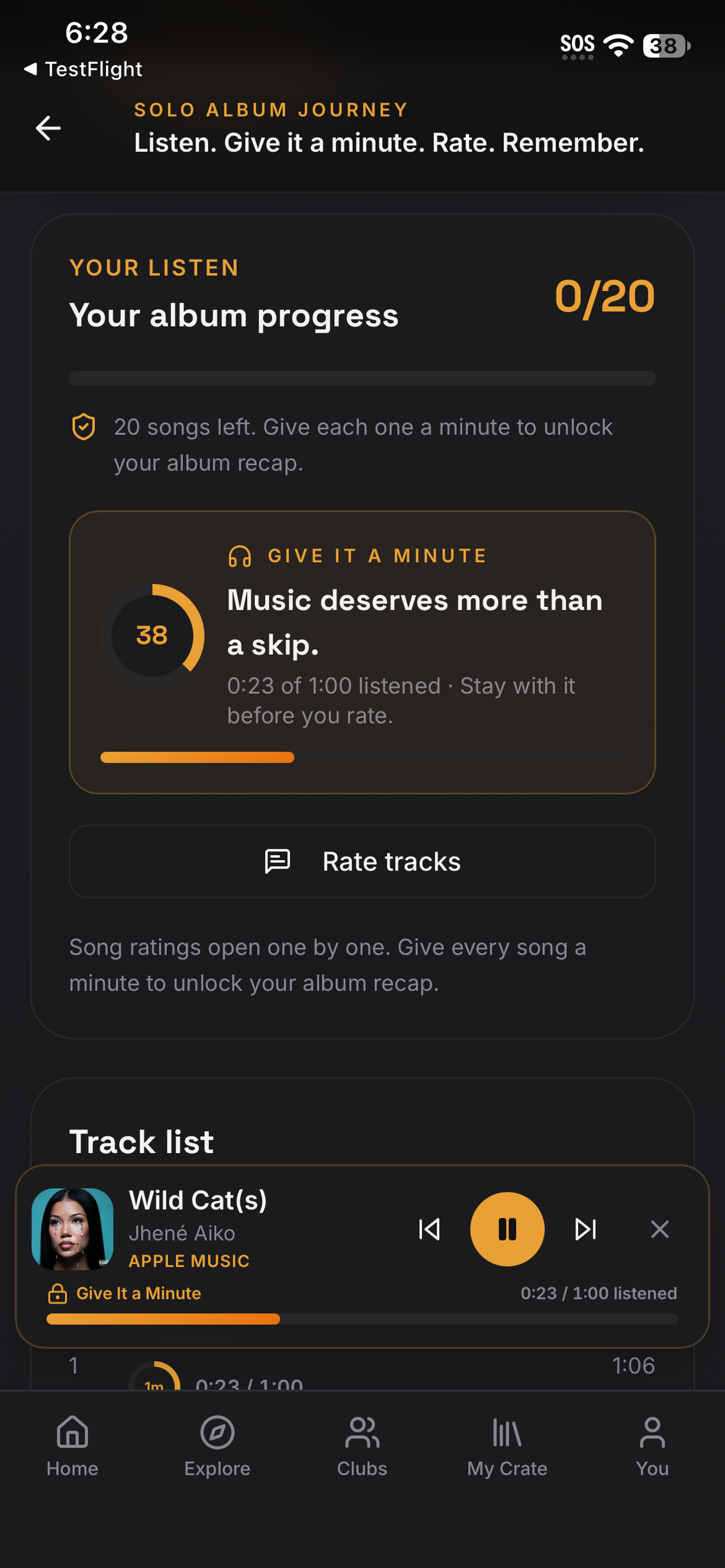 SpinClub Give It a Minute listening progress screen